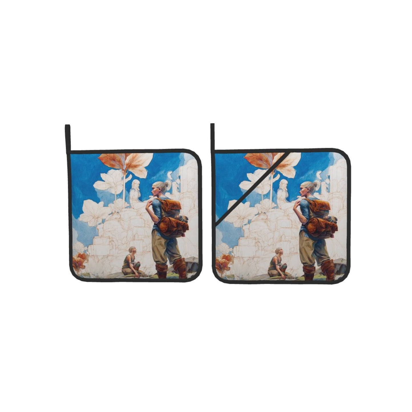 Adventure Illustration Style Heat-Resistant Pot Holders (Set of 2)｜8"x8" Square Hot Pads with Hanging Loop & Elastic Strap – 20.5cm×20.5cm