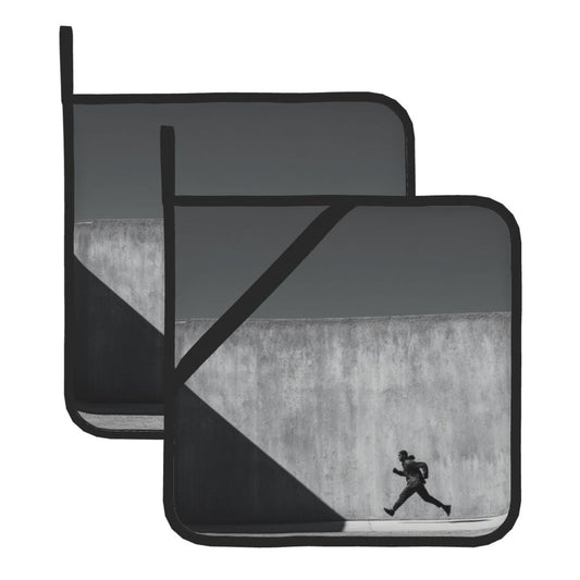Black & White Runner Art Heat-Resistant Pot Holders (Set of 2)｜8"x8" Square Kitchen Pads with Hanging Loop & Elastic Strap