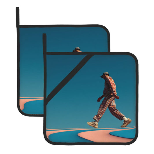 Modern Walker Heat-Resistant Pot Holders Set of 2｜8"x8" Square Kitchen Pads with Elastic Strap & Hanging Loop