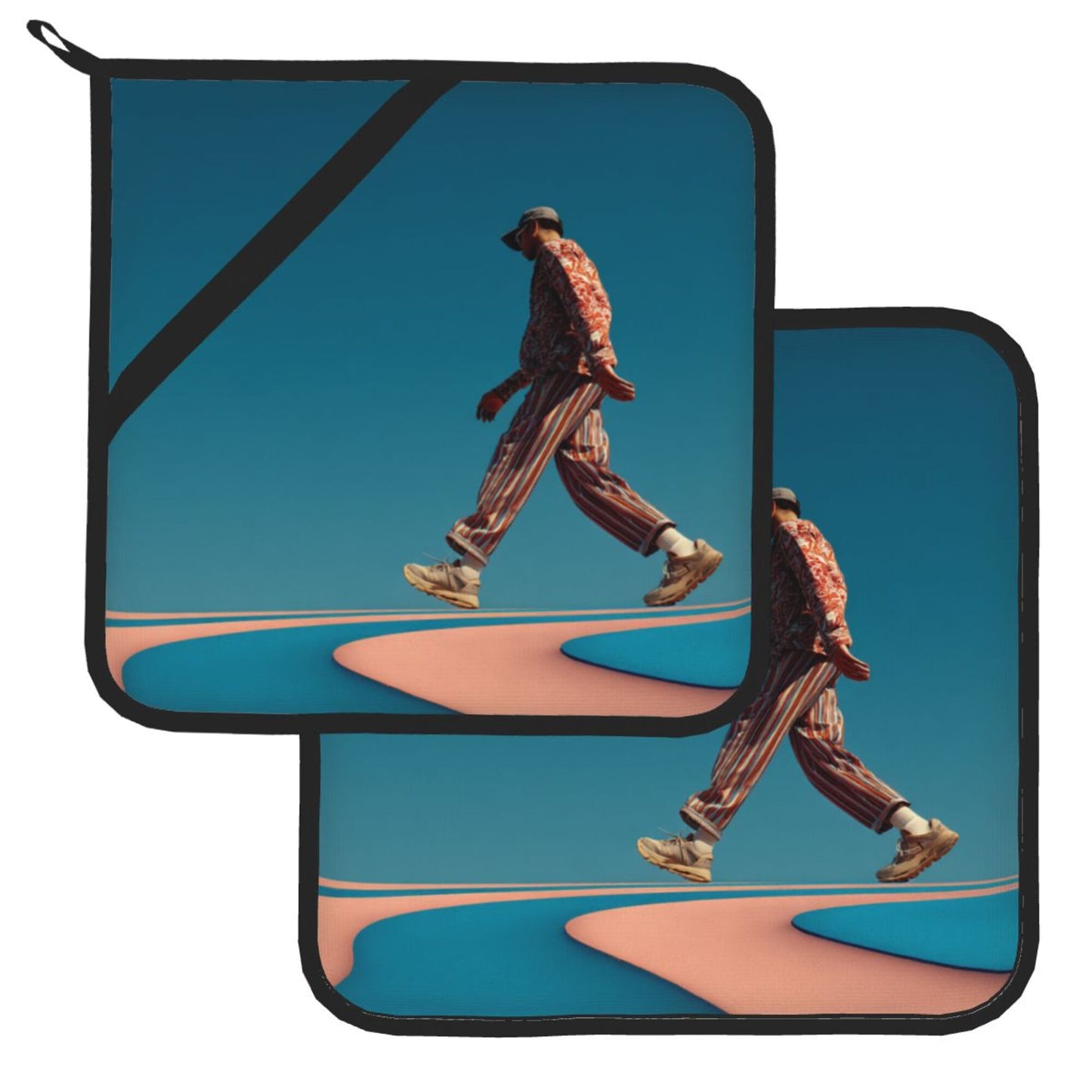 Modern Walker Heat-Resistant Pot Holders Set of 2｜8"x8" Square Kitchen Pads with Elastic Strap & Hanging Loop