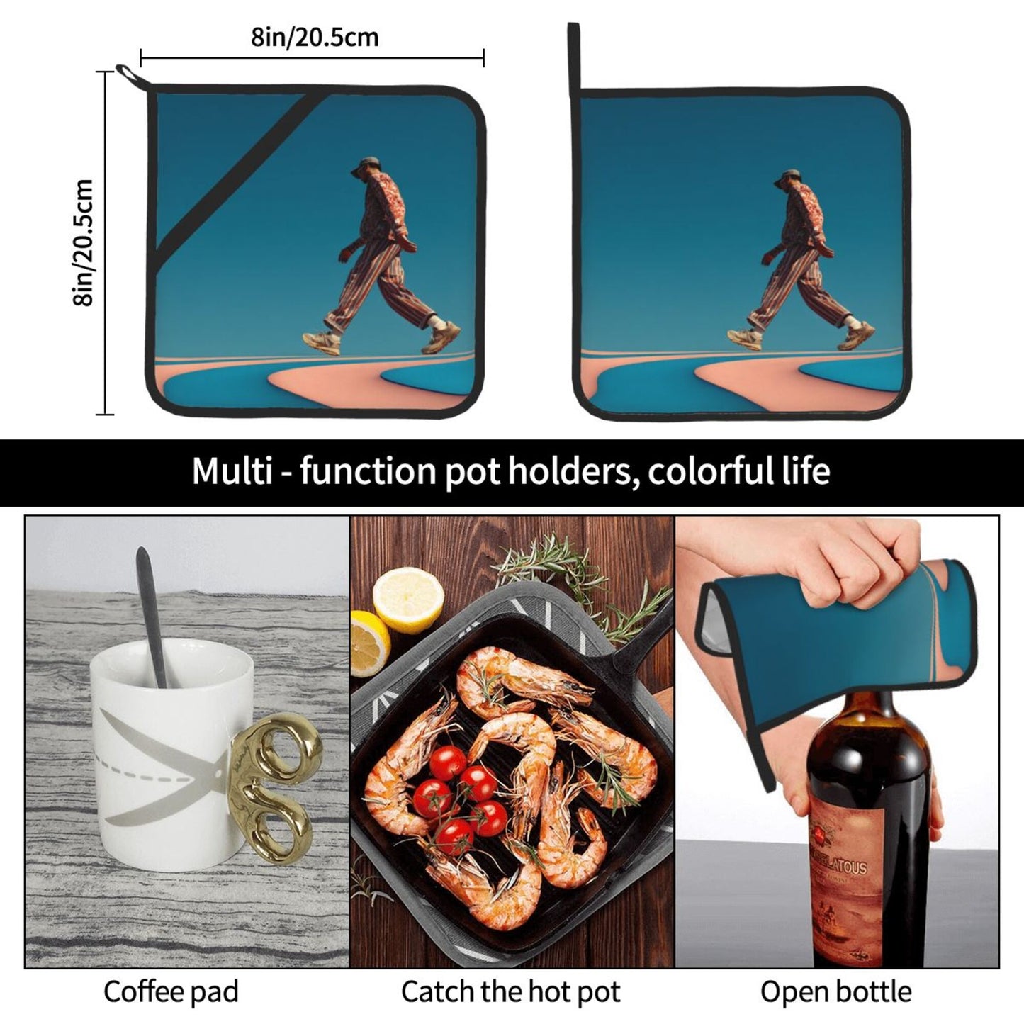 Modern Walker Heat-Resistant Pot Holders Set of 2｜8"x8" Square Kitchen Pads with Elastic Strap & Hanging Loop
