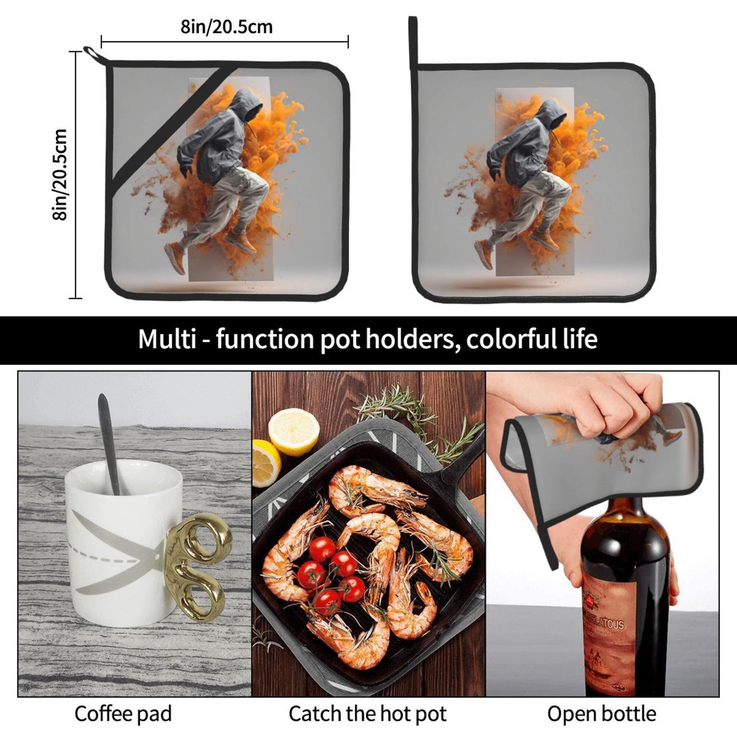 Urban Motion Heat-Resistant Pot Holder Set of 2｜8"x8" Square Kitchen Pads with Elastic Strap and Hanging Loop