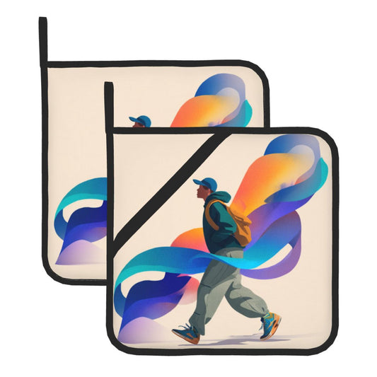 Color Flow Art Pot Holder Set of 2｜8"x8" Heat-Resistant Square Kitchen Pads with Elastic Strap & Hanging Loop
