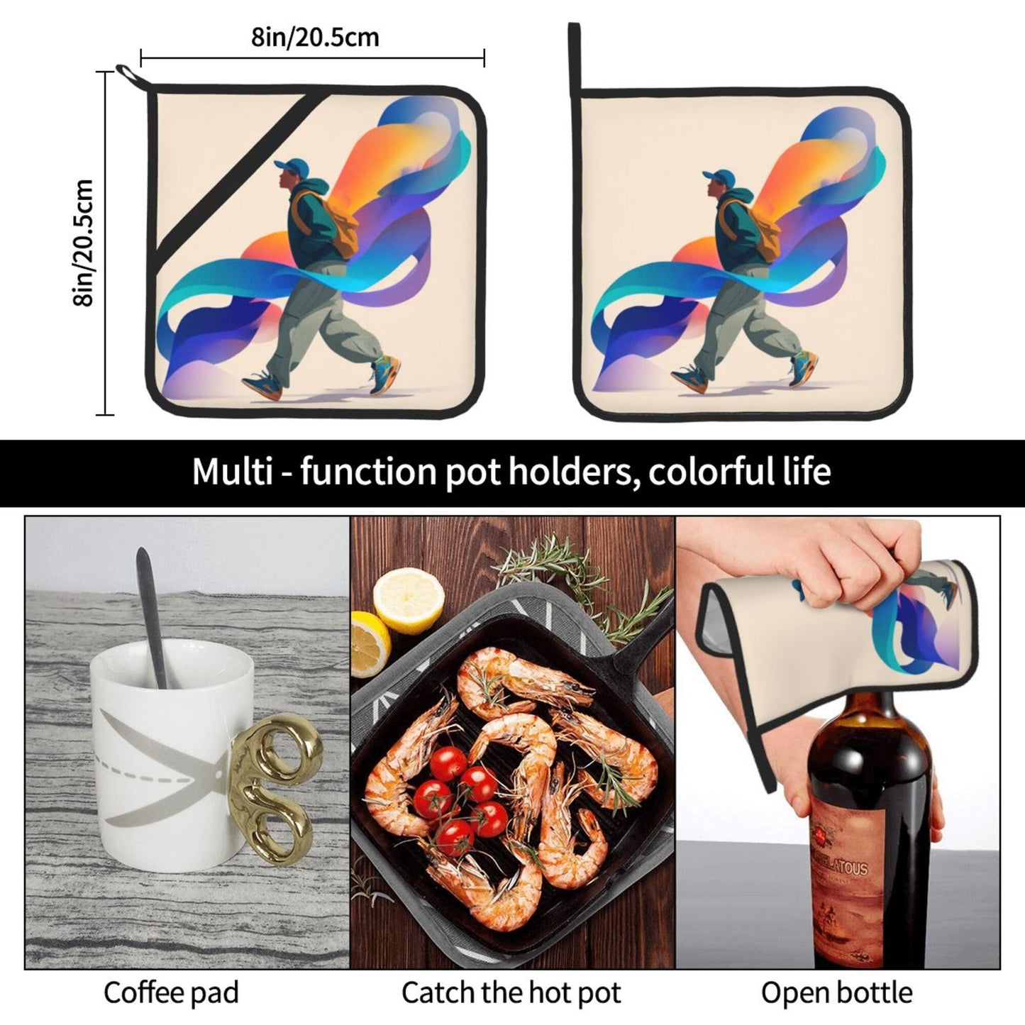 Color Flow Art Pot Holder Set of 2｜8"x8" Heat-Resistant Square Kitchen Pads with Elastic Strap & Hanging Loop