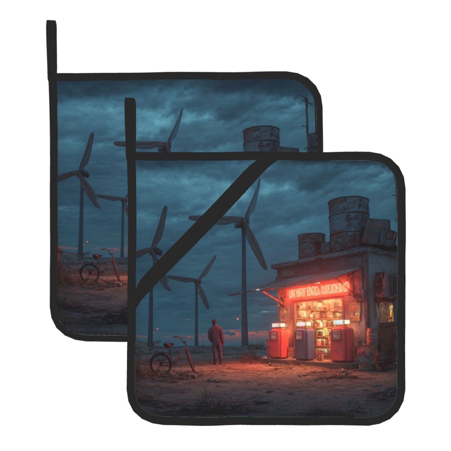 Wild Wind Turbine Gas Station Art Pot Holder Set of 2｜8"x8" Heat-Resistant Square Kitchen Pads with Elastic Strap & Hanging Loop