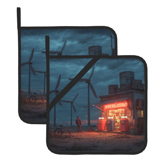 Wild Wind Turbine Gas Station Art Pot Holder Set of 2｜8"x8" Heat-Resistant Square Kitchen Pads with Elastic Strap & Hanging Loop