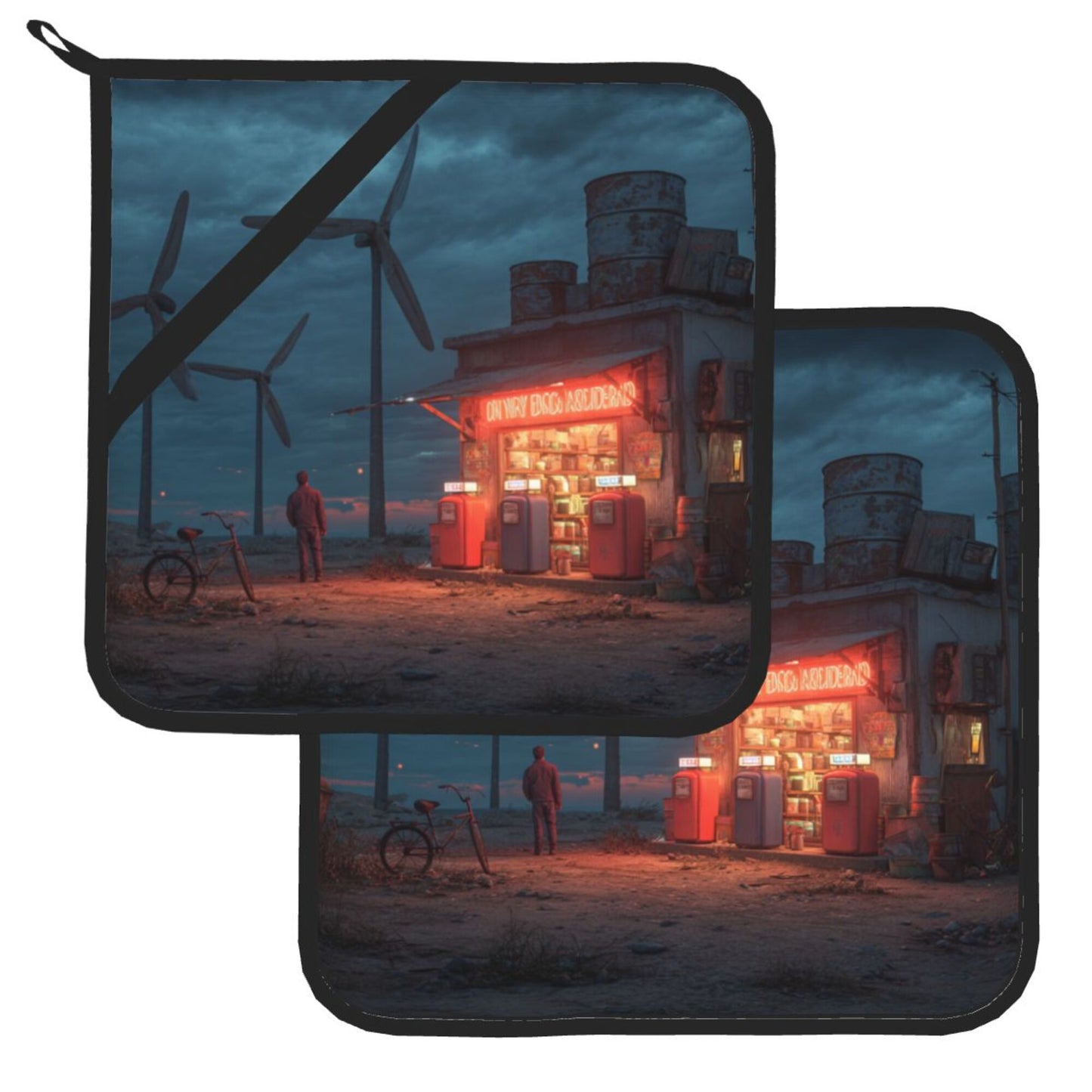 Wild Wind Turbine Gas Station Art Pot Holder Set of 2｜8"x8" Heat-Resistant Square Kitchen Pads with Elastic Strap & Hanging Loop