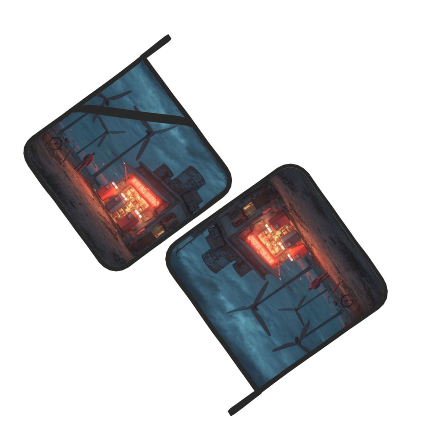 Wild Wind Turbine Gas Station Art Pot Holder Set of 2｜8"x8" Heat-Resistant Square Kitchen Pads with Elastic Strap & Hanging Loop