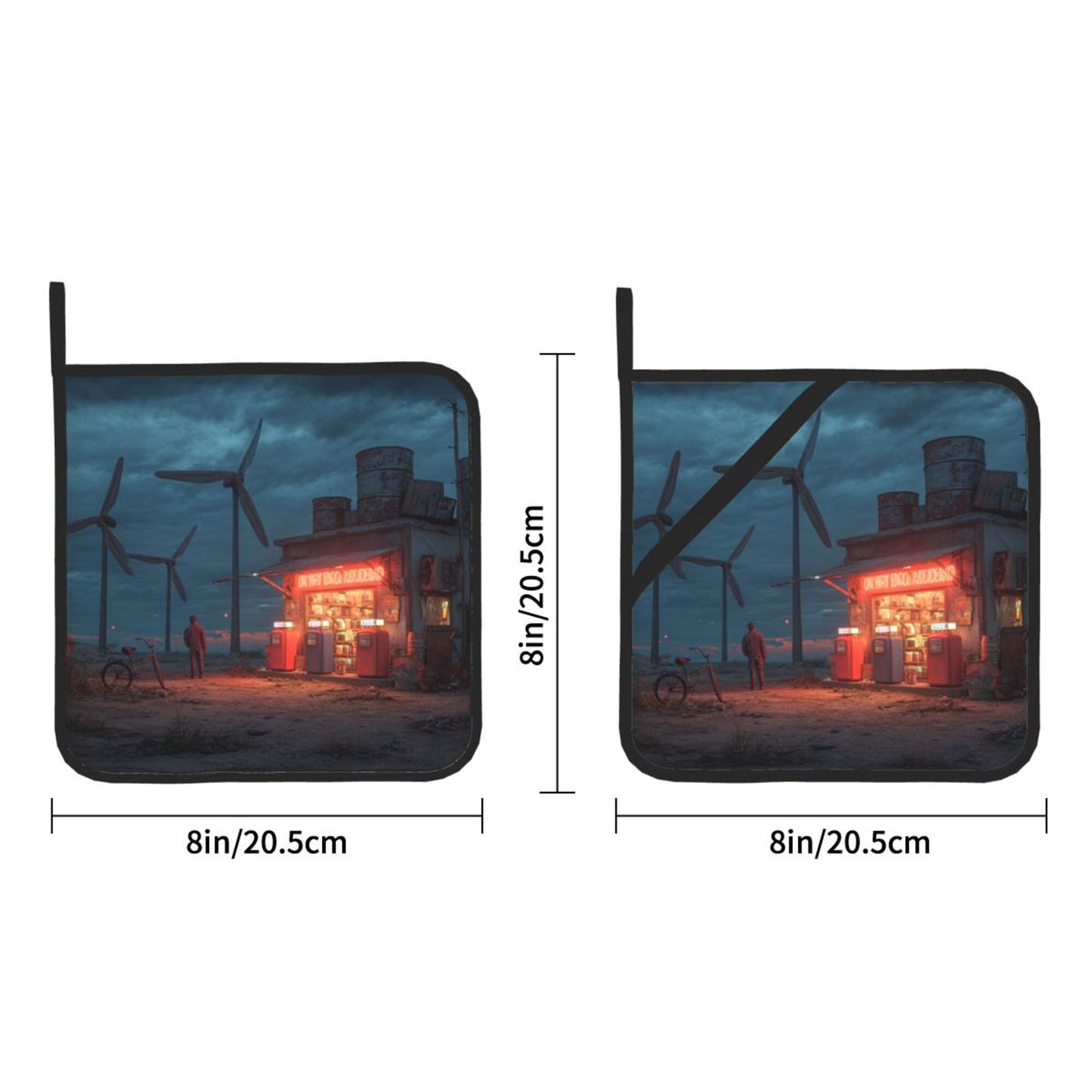 Wild Wind Turbine Gas Station Art Pot Holder Set of 2｜8"x8" Heat-Resistant Square Kitchen Pads with Elastic Strap & Hanging Loop