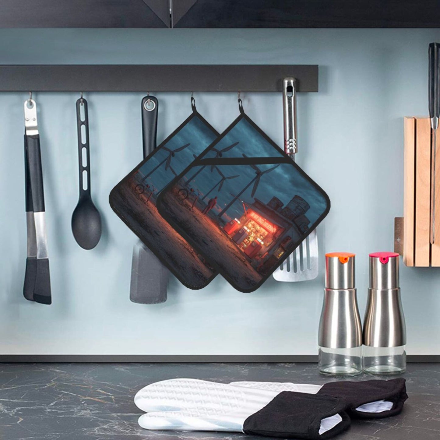 Wild Wind Turbine Gas Station Art Pot Holder Set of 2｜8"x8" Heat-Resistant Square Kitchen Pads with Elastic Strap & Hanging Loop