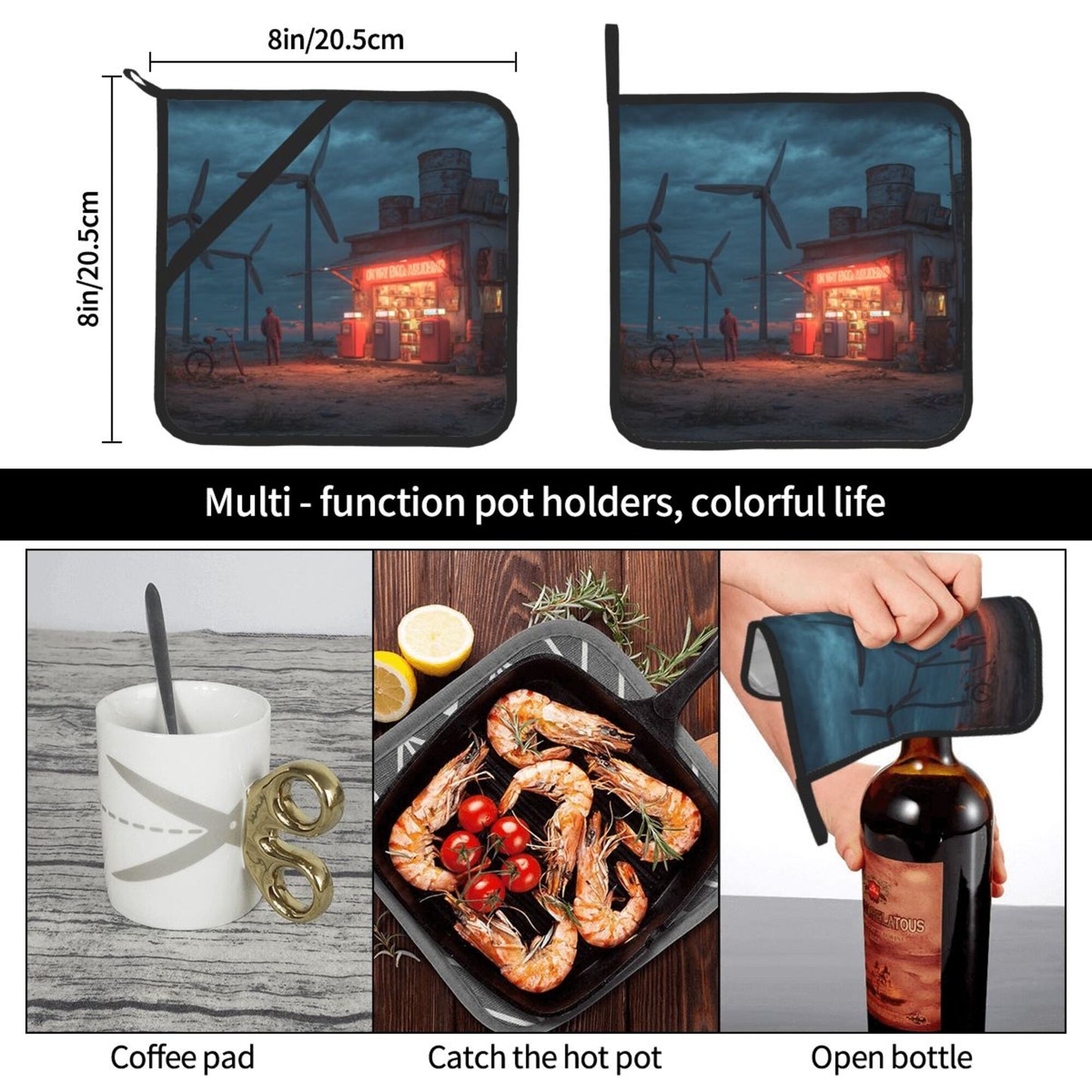 Wild Wind Turbine Gas Station Art Pot Holder Set of 2｜8"x8" Heat-Resistant Square Kitchen Pads with Elastic Strap & Hanging Loop