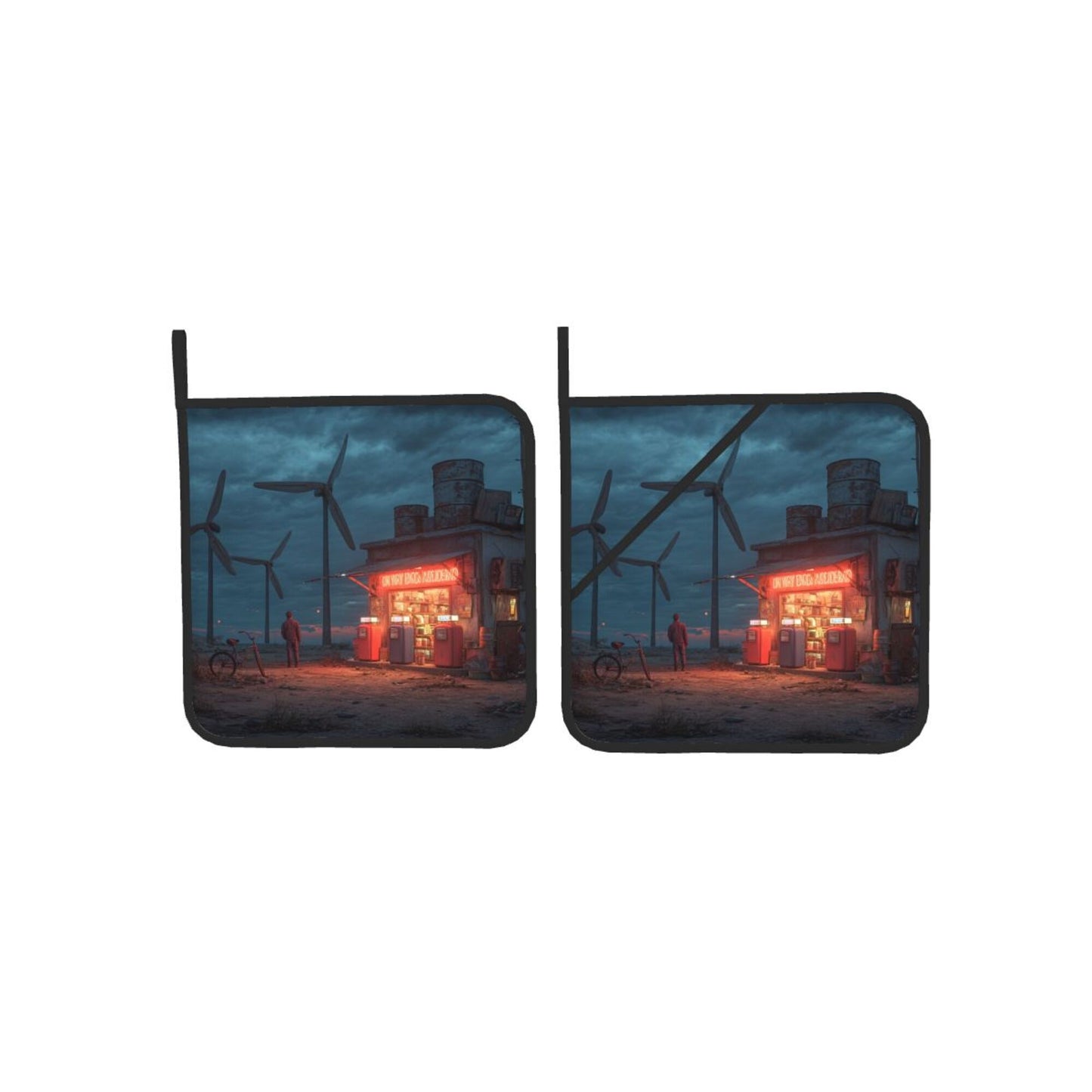 Wild Wind Turbine Gas Station Art Pot Holder Set of 2｜8"x8" Heat-Resistant Square Kitchen Pads with Elastic Strap & Hanging Loop