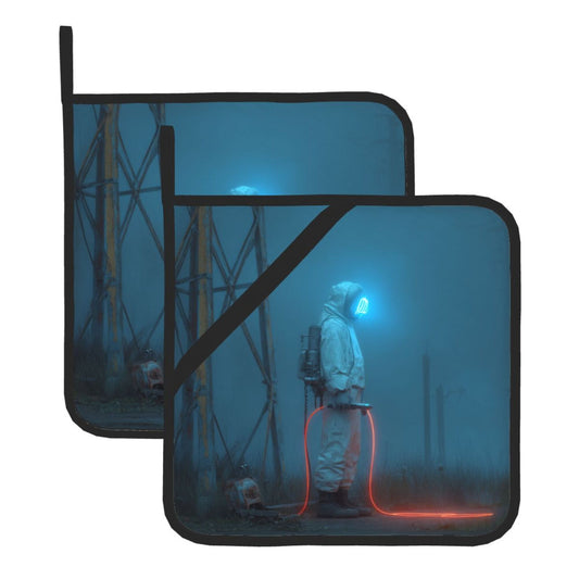 Futuristic Astronaut Sci-Fi Pot Holder Set of 2｜8"x8" Heat-Resistant Kitchen Pads with Hanging Loop & Elastic Strap