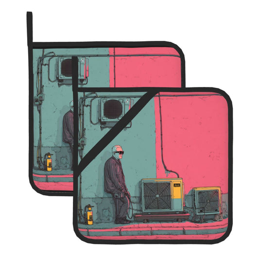 Neon Industrial Street Art Pot Holder Set of 2｜8"x8" Heat-Resistant Square Pads with Hanging Loop & Grip Strap