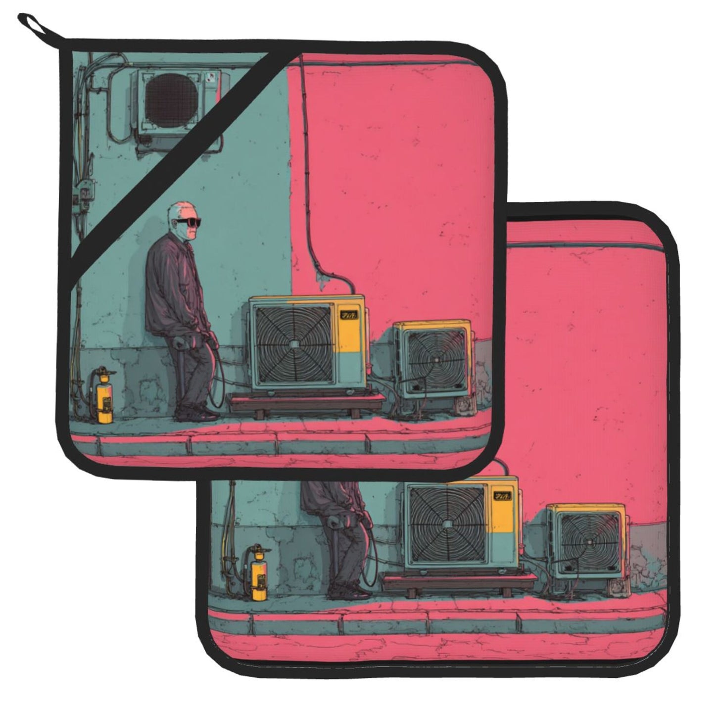Neon Industrial Street Art Pot Holder Set of 2｜8"x8" Heat-Resistant Square Pads with Hanging Loop & Grip Strap