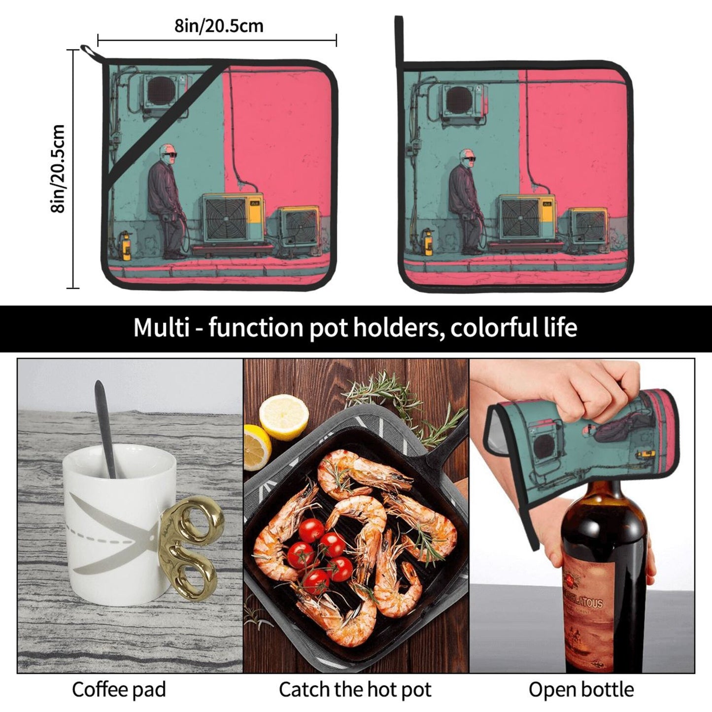 Neon Industrial Street Art Pot Holder Set of 2｜8"x8" Heat-Resistant Square Pads with Hanging Loop & Grip Strap
