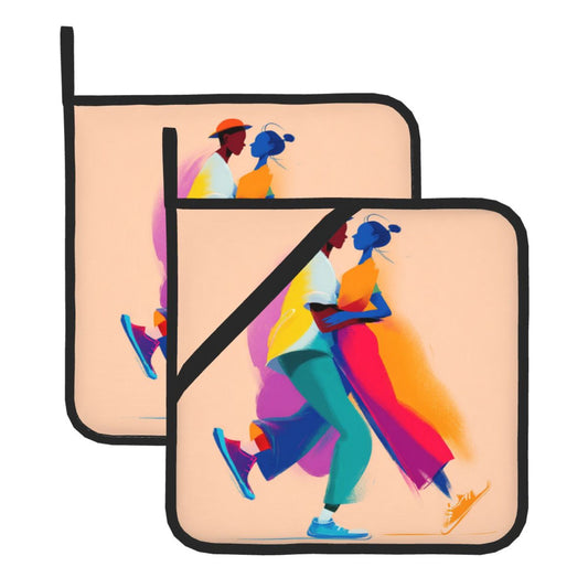 Couple Illustration Pot Holder Set of 2｜Romantic Heat-Resistant Pads with Hanging Loop & Hand Strap｜8" x 8" Square Design