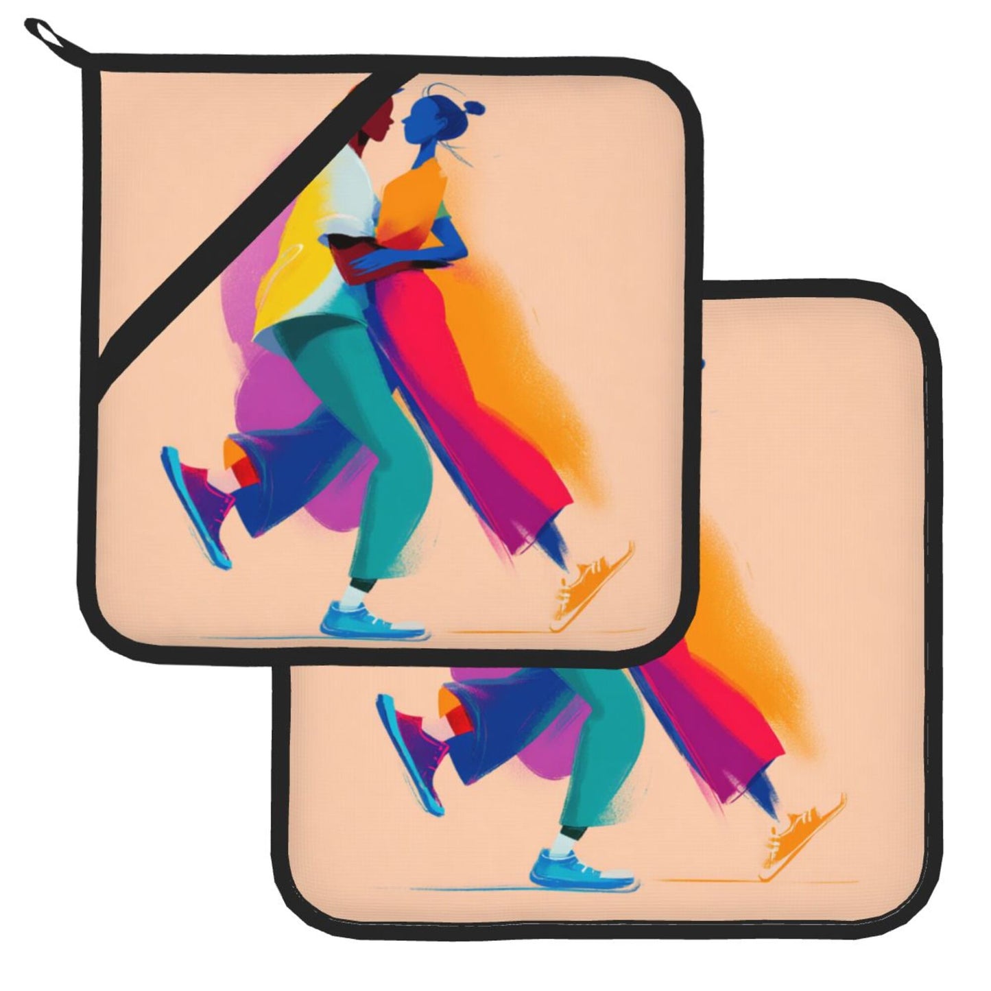 Couple Illustration Pot Holder Set of 2｜Romantic Heat-Resistant Pads with Hanging Loop & Hand Strap｜8" x 8" Square Design
