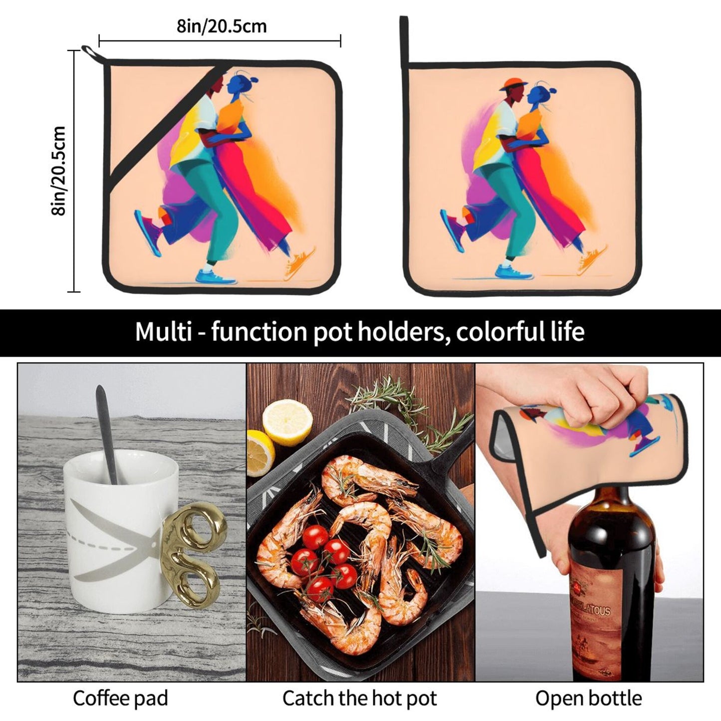 Couple Illustration Pot Holder Set of 2｜Romantic Heat-Resistant Pads with Hanging Loop & Hand Strap｜8" x 8" Square Design