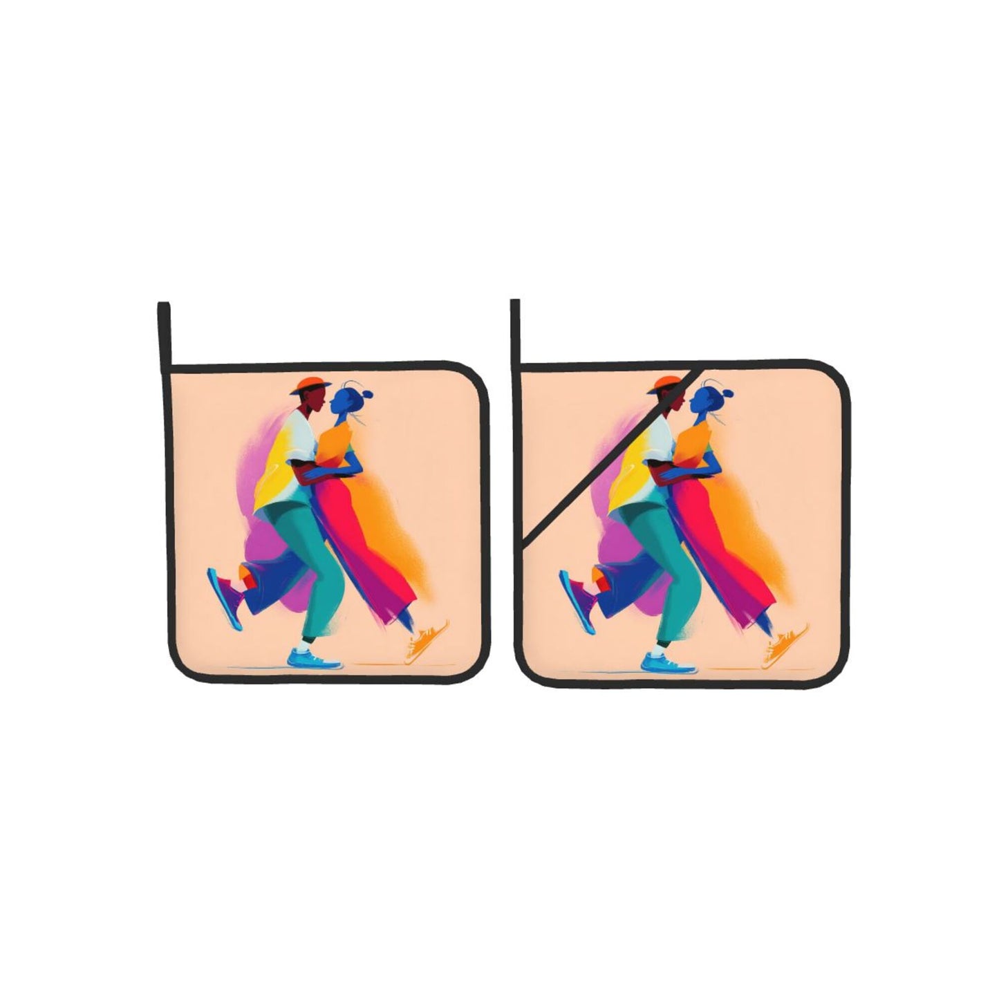 Couple Illustration Pot Holder Set of 2｜Romantic Heat-Resistant Pads with Hanging Loop & Hand Strap｜8" x 8" Square Design