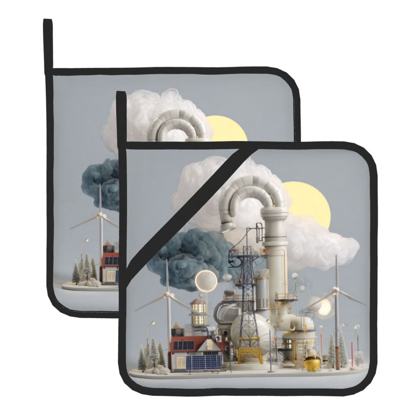 Industrial Illustration Heat-Resistant Pot Holder Set of 2｜Sci-Fi Themed Square Kitchen Pads｜8" x 8" with Hanging Loop & Elastic Strap