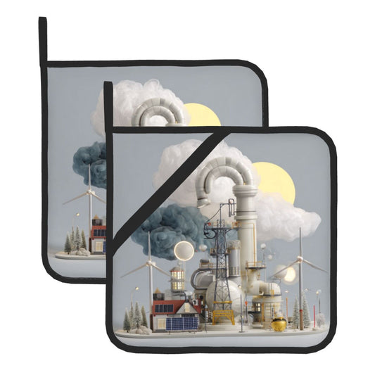 Industrial Illustration Heat-Resistant Pot Holder Set of 2｜Sci-Fi Themed Square Kitchen Pads｜8" x 8" with Hanging Loop & Elastic Strap