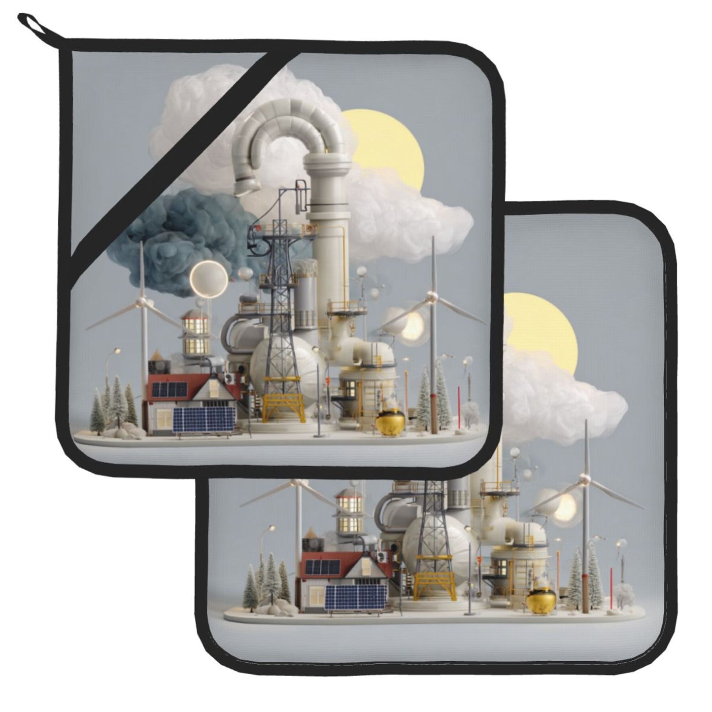 Industrial Illustration Heat-Resistant Pot Holder Set of 2｜Sci-Fi Themed Square Kitchen Pads｜8" x 8" with Hanging Loop & Elastic Strap