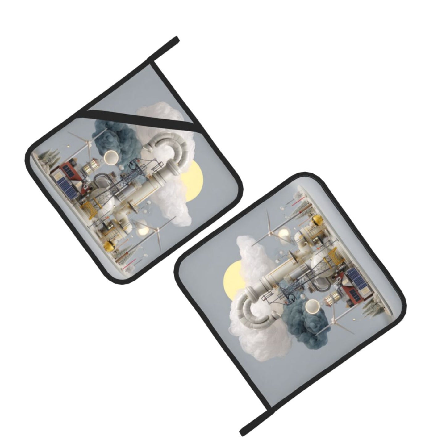 Industrial Illustration Heat-Resistant Pot Holder Set of 2｜Sci-Fi Themed Square Kitchen Pads｜8" x 8" with Hanging Loop & Elastic Strap