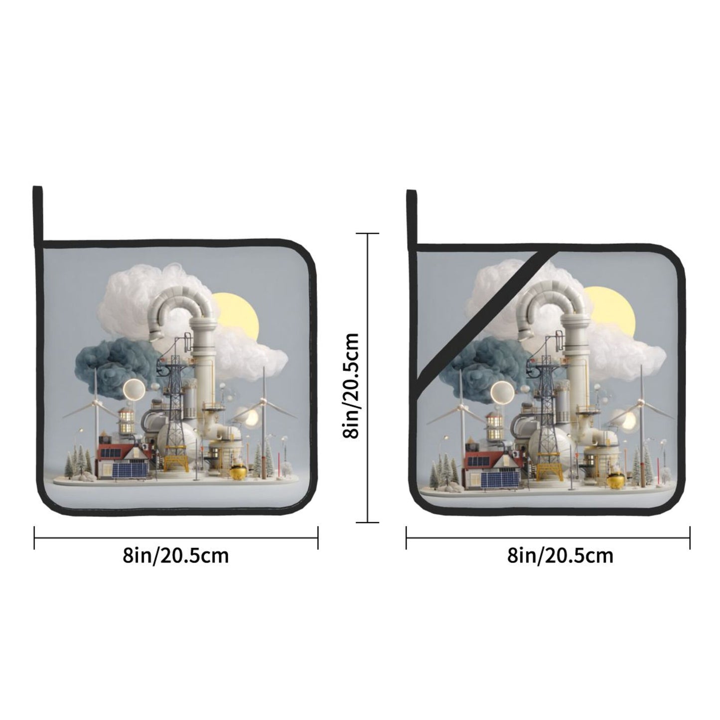 Industrial Illustration Heat-Resistant Pot Holder Set of 2｜Sci-Fi Themed Square Kitchen Pads｜8" x 8" with Hanging Loop & Elastic Strap