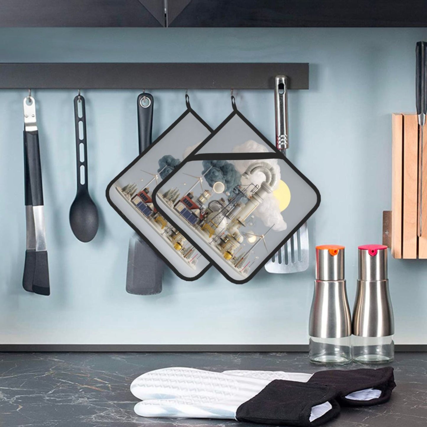 Industrial Illustration Heat-Resistant Pot Holder Set of 2｜Sci-Fi Themed Square Kitchen Pads｜8" x 8" with Hanging Loop & Elastic Strap