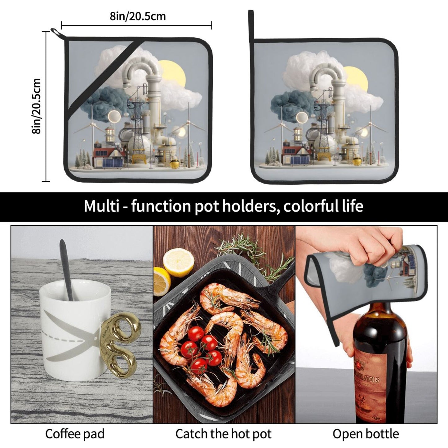 Industrial Illustration Heat-Resistant Pot Holder Set of 2｜Sci-Fi Themed Square Kitchen Pads｜8" x 8" with Hanging Loop & Elastic Strap