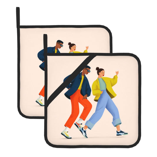 Trendy Dancing Couple Heat-Resistant Pot Holder Set｜Fashion Kitchen Pads｜8"x8" Square Design with Hanging Loop