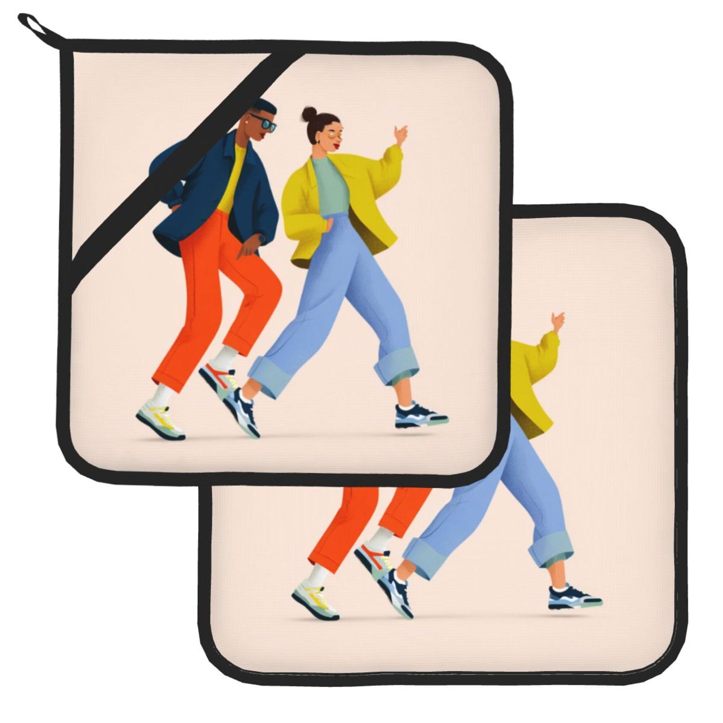Trendy Dancing Couple Heat-Resistant Pot Holder Set｜Fashion Kitchen Pads｜8"x8" Square Design with Hanging Loop