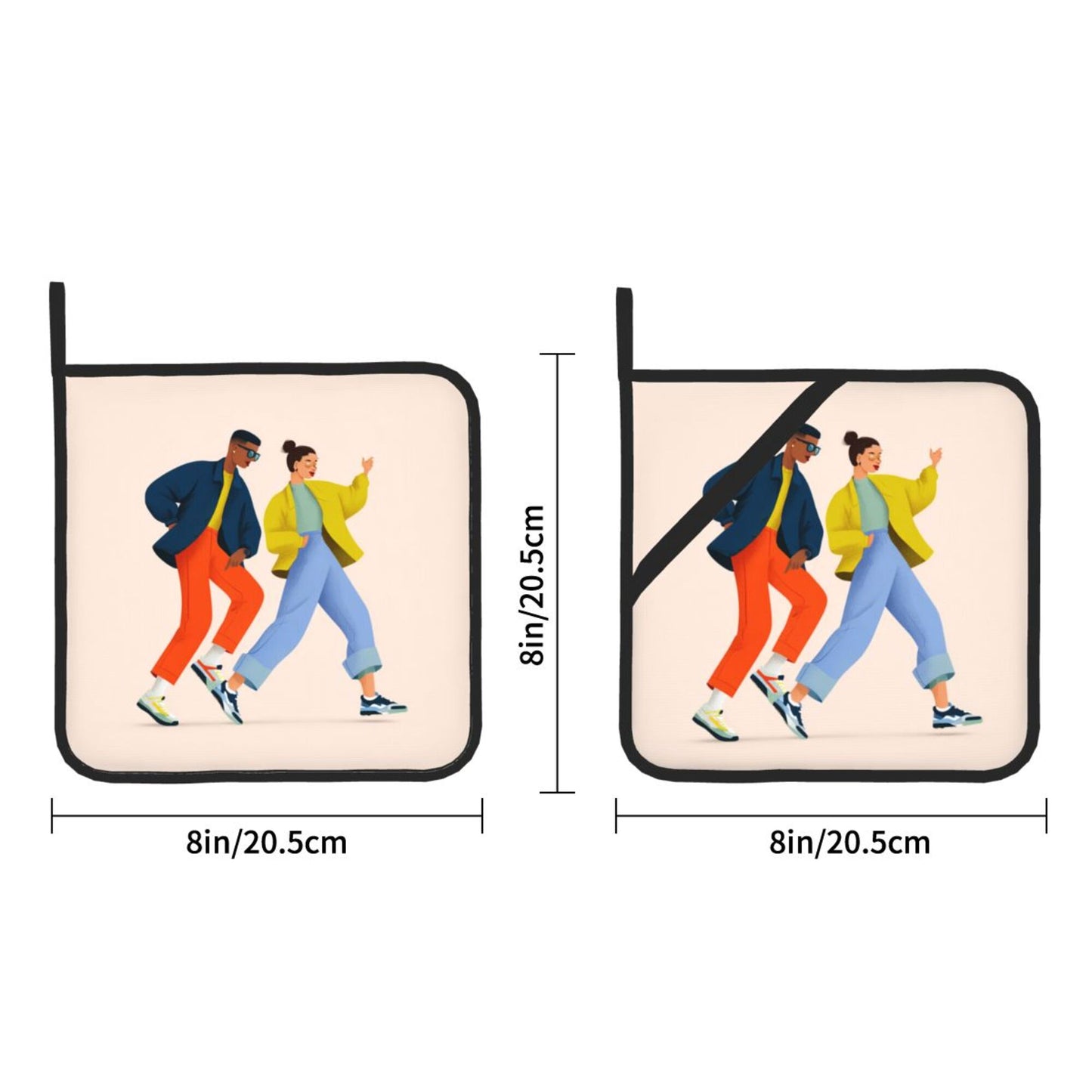 Trendy Dancing Couple Heat-Resistant Pot Holder Set｜Fashion Kitchen Pads｜8"x8" Square Design with Hanging Loop