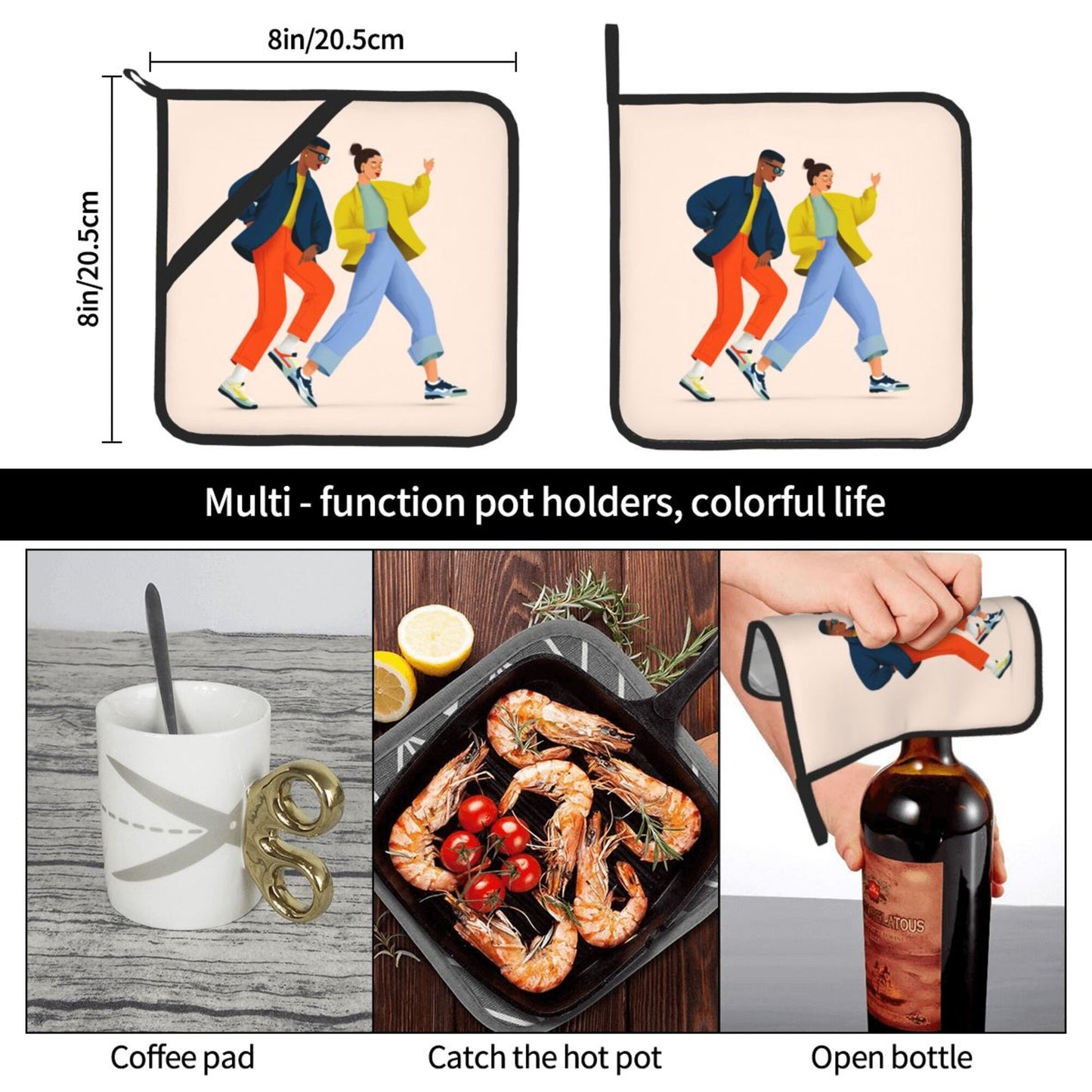 Trendy Dancing Couple Heat-Resistant Pot Holder Set｜Fashion Kitchen Pads｜8"x8" Square Design with Hanging Loop