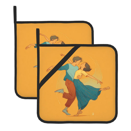 Romantic Dancing Couple Pot Holder Set (2 Pack)｜Vintage Style Heat-Resistant Pads｜8"x8" with Hanging Loop & Hand Strap