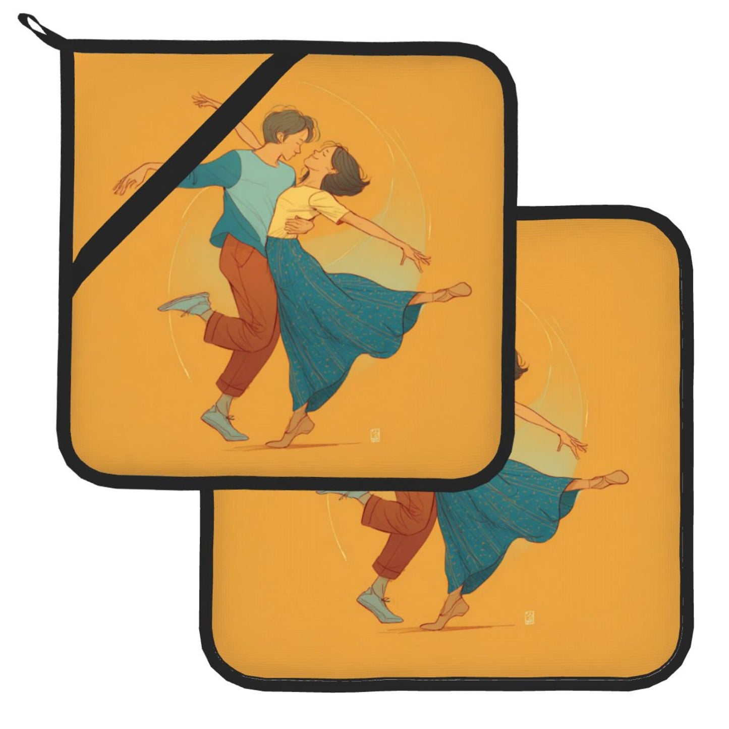 Romantic Dancing Couple Pot Holder Set (2 Pack)｜Vintage Style Heat-Resistant Pads｜8"x8" with Hanging Loop & Hand Strap