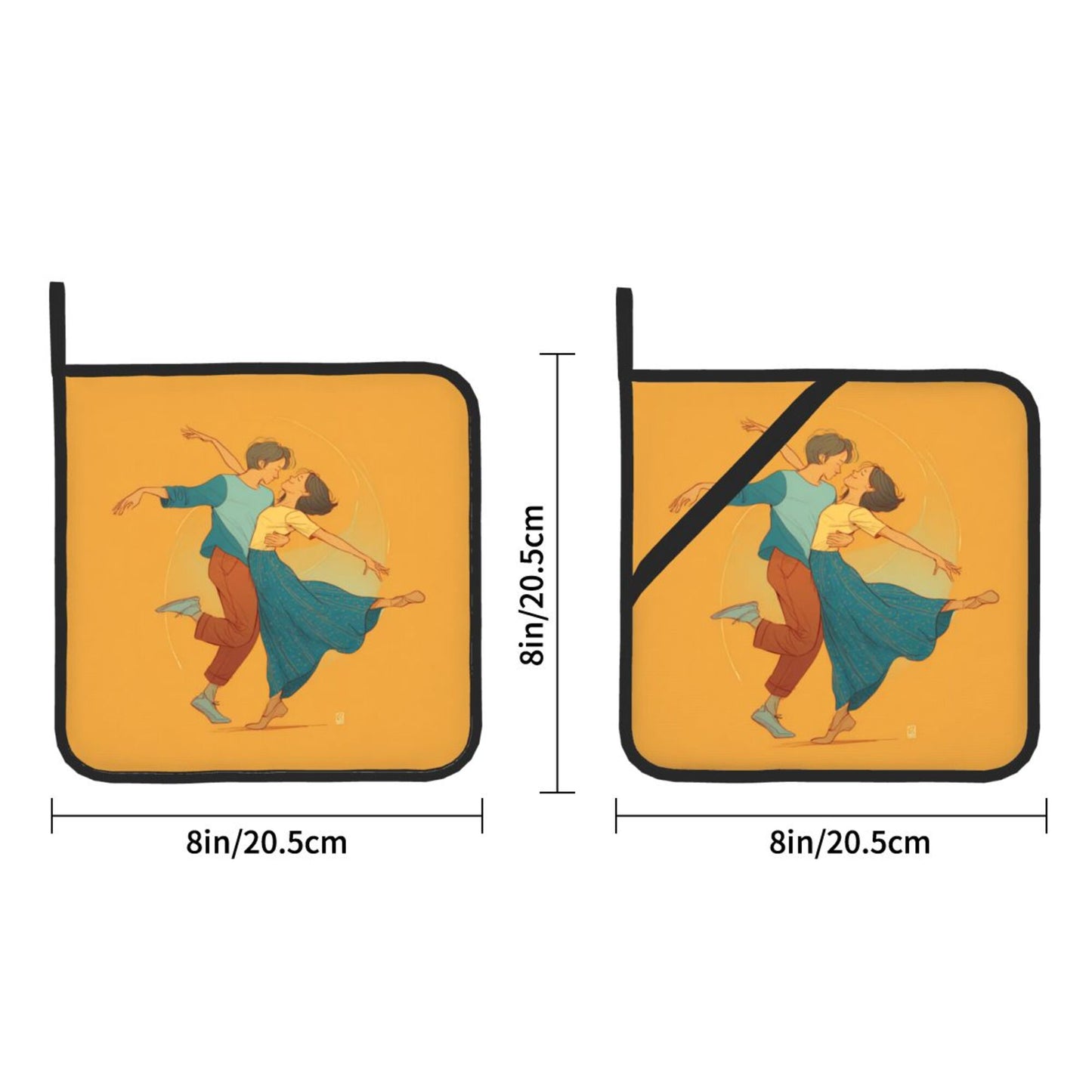 Romantic Dancing Couple Pot Holder Set (2 Pack)｜Vintage Style Heat-Resistant Pads｜8"x8" with Hanging Loop & Hand Strap