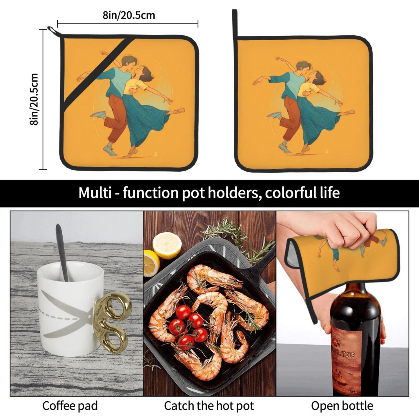 Romantic Dancing Couple Pot Holder Set (2 Pack)｜Vintage Style Heat-Resistant Pads｜8"x8" with Hanging Loop & Hand Strap