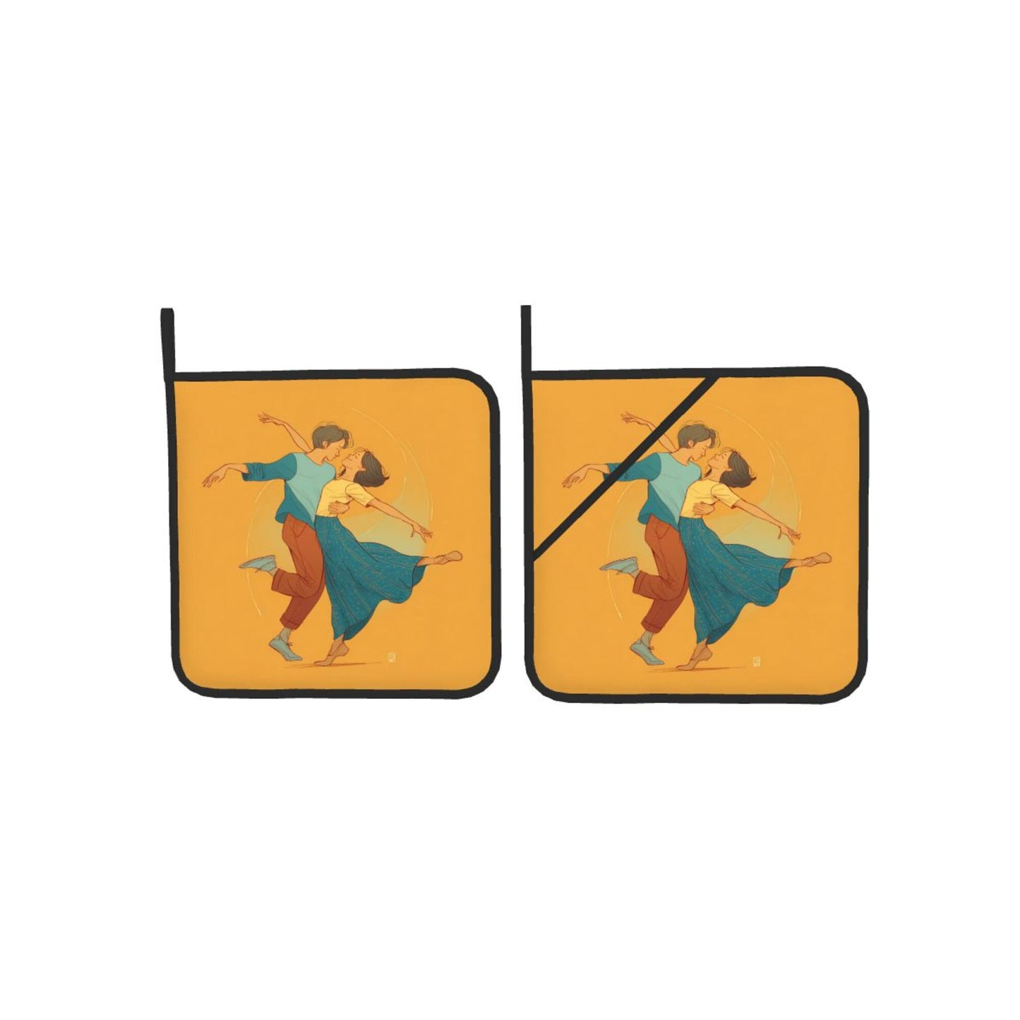 Romantic Dancing Couple Pot Holder Set (2 Pack)｜Vintage Style Heat-Resistant Pads｜8"x8" with Hanging Loop & Hand Strap