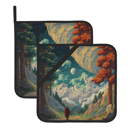 Fantasy Forest & Galaxy Scenic Pot Holder Set (2 Pack)｜8"x8" Artistic Heat-Resistant Pads with Hanging Loop