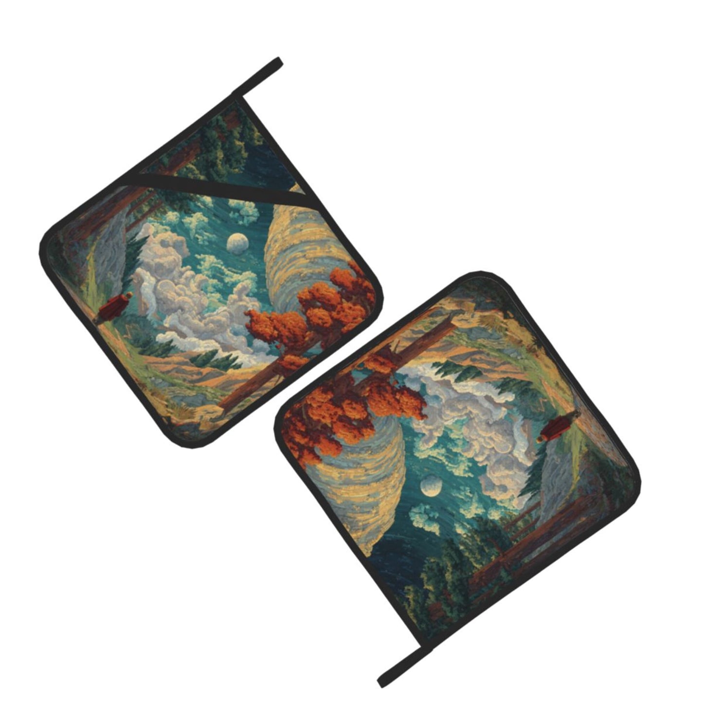 Fantasy Forest & Galaxy Scenic Pot Holder Set (2 Pack)｜8"x8" Artistic Heat-Resistant Pads with Hanging Loop