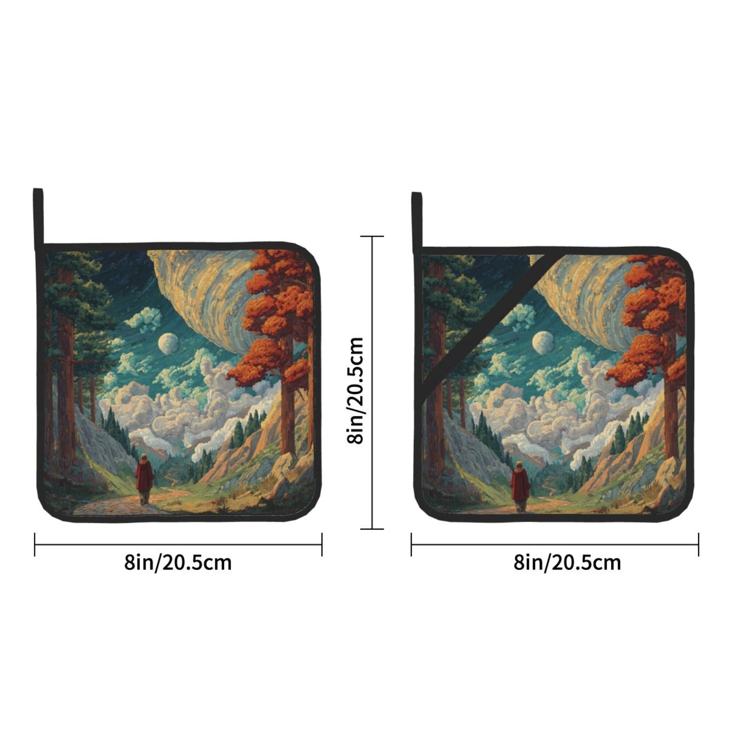 Fantasy Forest & Galaxy Scenic Pot Holder Set (2 Pack)｜8"x8" Artistic Heat-Resistant Pads with Hanging Loop