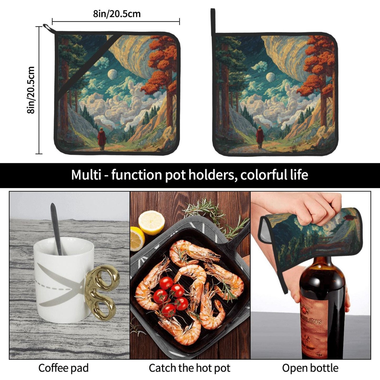 Fantasy Forest & Galaxy Scenic Pot Holder Set (2 Pack)｜8"x8" Artistic Heat-Resistant Pads with Hanging Loop